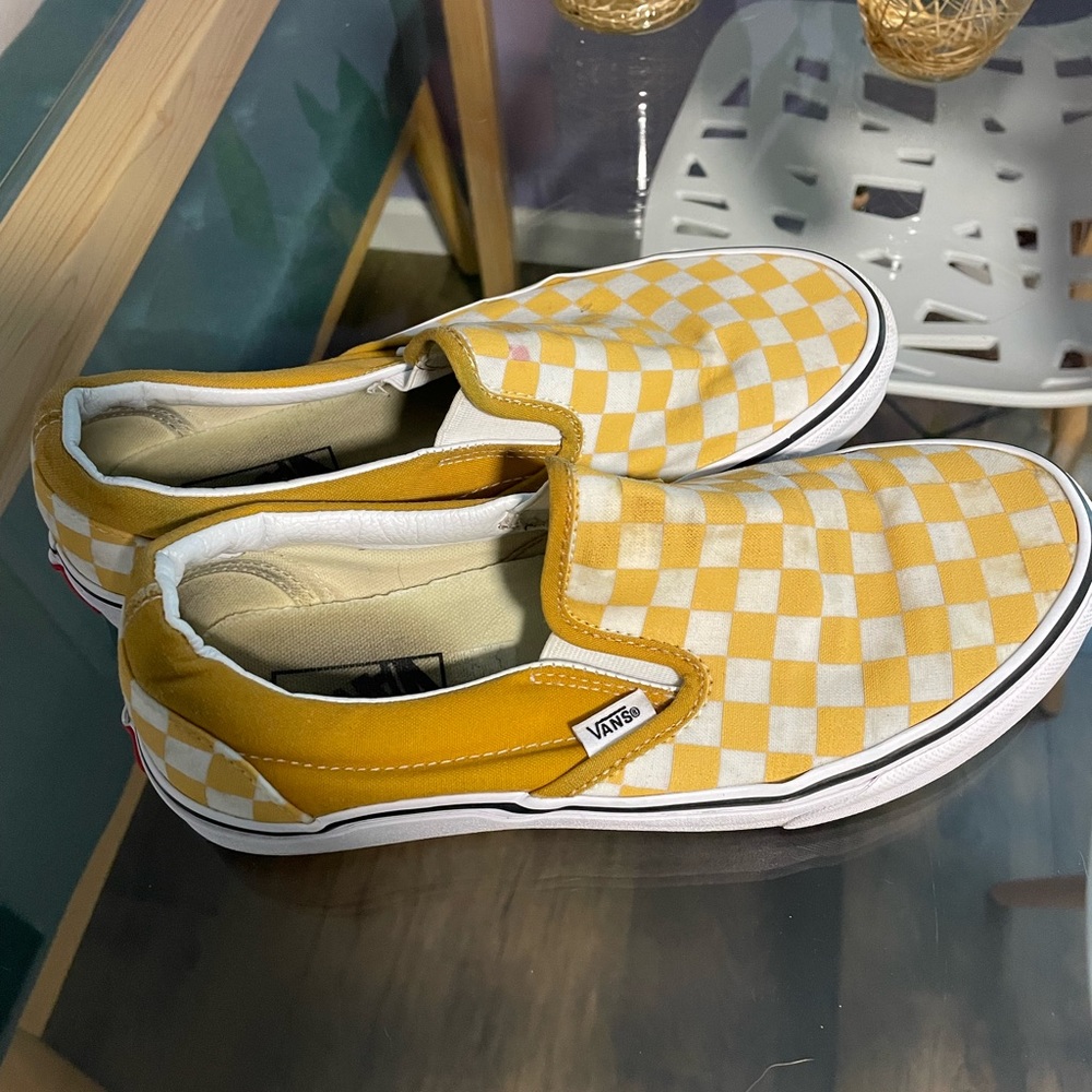 Yellow Checker Vans Slip Ons